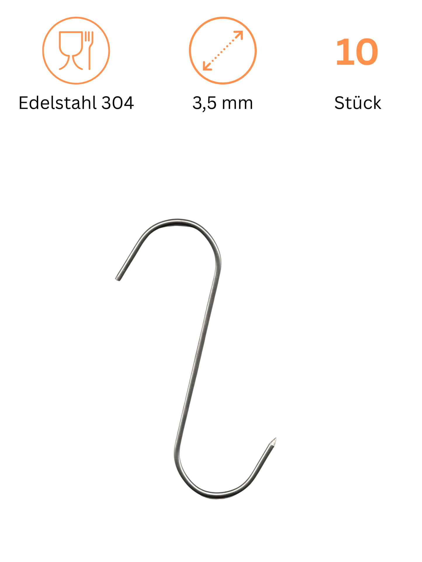S-Haken – 10 Stk Ø 3,5 mm aus lebensmittelechtem Edelstahl